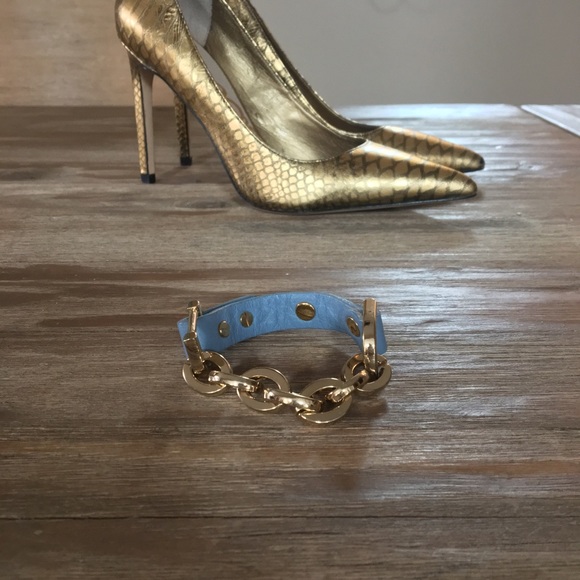 💎2 for $15💎Grey/Blue Leather and Gold Chain Cuff - Picture 2 of 6